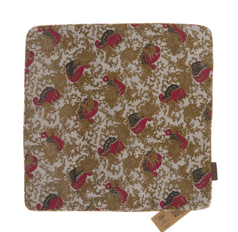 50x50 Seidenkissenbezug mit beigem Grundton und farbenfrohem orientalischem Boho-Blumenmuster sowie roten und grünen Blüten und Streifendetails im Sari-Stil