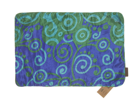 Unique silk pillowcase 60x40 cm in deep blue and turquoise with colorful oriental pattern of ethnic spirals and twisted ornaments.