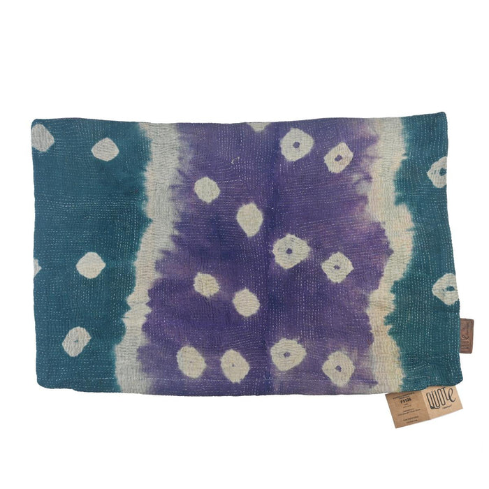 The cushion cover features a Sari Kantha design in shades of green and purple with white circle patterns. Choose this cushion for its unique handmade aesthetic and charm. Size: 60 x 40 cm.