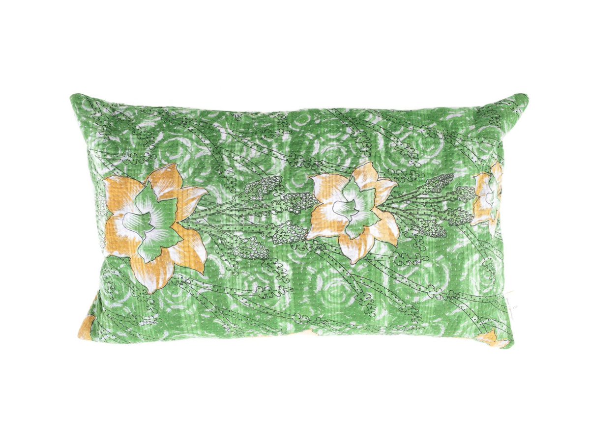 Sari pillowcase 30x50 with white/cream pattern and green turquoise stripes - unique Indian pillowcase for vintage boho and sari pillows