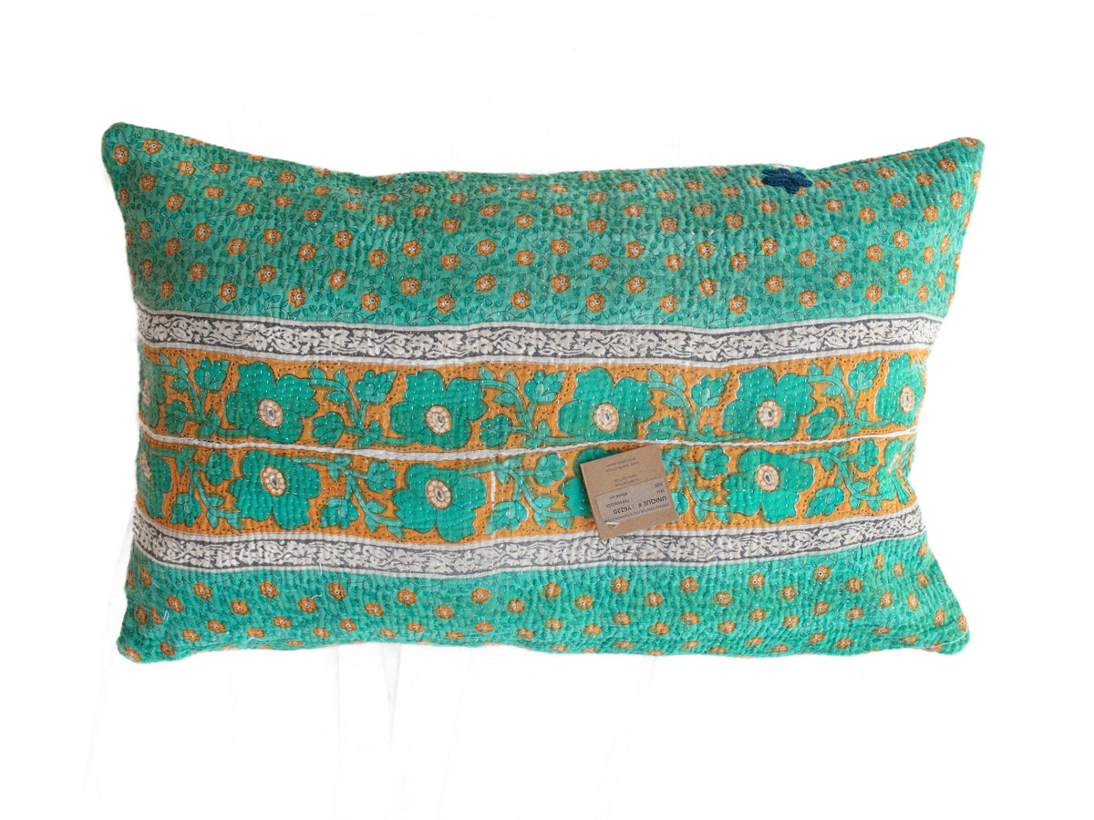 Sari pillowcase 60x40 with colorful bohemian patterns in gold/yellow, turquoise and black and pink border, unique Indian sari pillow with oriental, upcycled look.