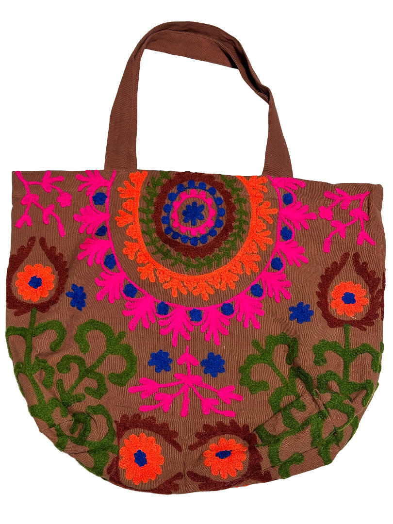 Suzani canvas beach bag with embroidery in brown, pink, green and orange, front view
