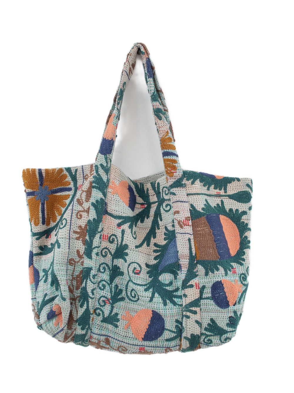 Vintage Suzani beach bag with embroidery in teal, orange and navy blue, front view