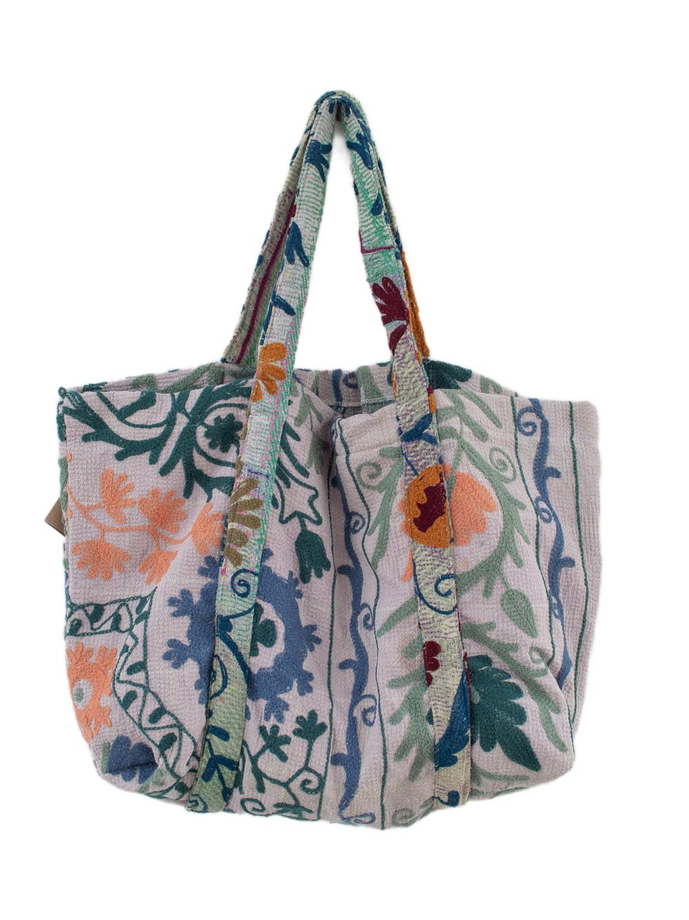 Vintage Suzani beach bag with embroidery in blue, green, pink and peach, front view