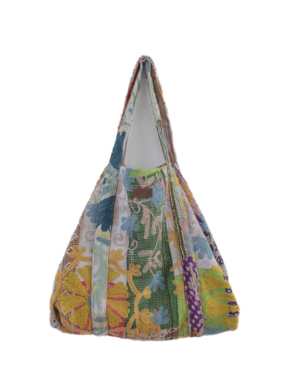 Flerfarvet broderet patchwork hobo-tote-taske med blomstermønster i boho-tekstil og skulderrem