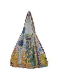 Flerfarvet broderet patchwork hobo-tote-taske med blomstermønster i boho-tekstil og skulderrem