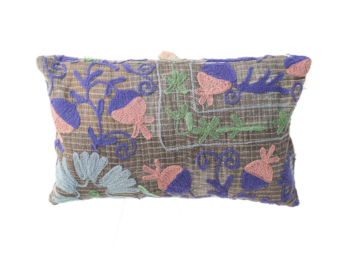 Unique suzani pillowcase 30x50 cm in brown woven fabric with colorful embroidery in blue purple pink and green patterns in boho vintage style