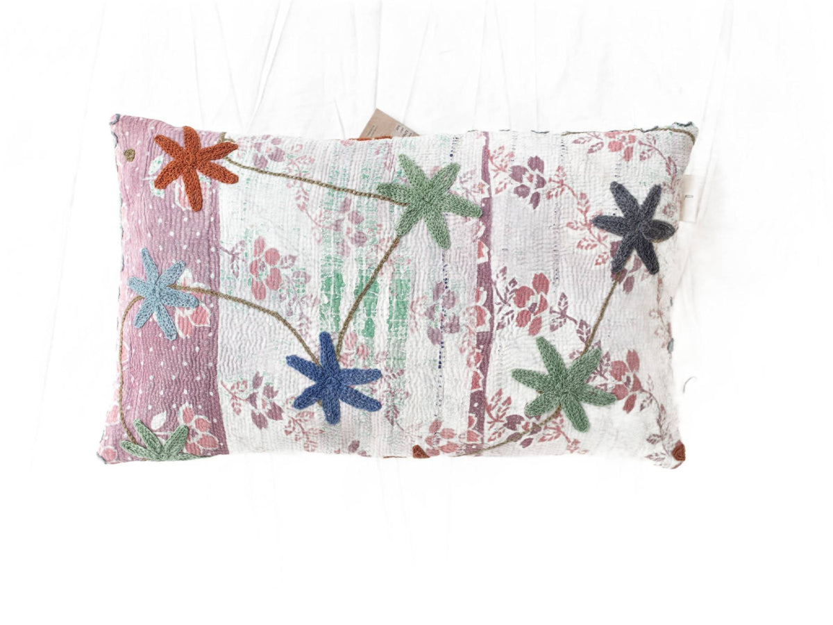 Unique suzani pillowcase 30x50 cm in white with embroidered star flowers in dusty pink blue green and orange Indian ethnic boho vintage