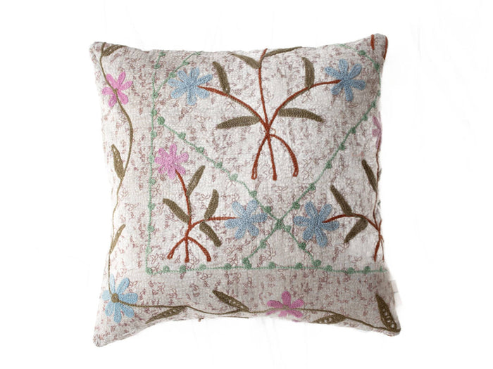 Suzani pillowcase 50x50 cm with white base and embroidered flowers in blue pink green and olive colorful ethnic vintage bohemian expression