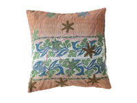 Unique suzani pillowcase 50x50 cm in warm brown with colorfully embroidered star flowers in green blue and olive as well as pink sling lines in ethnic boho style
